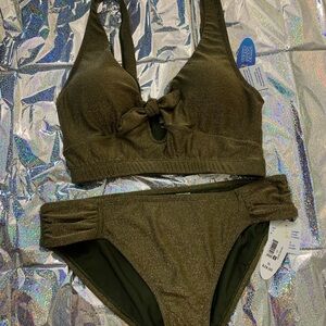Wave zone women’s Shimmer Knot-Front Bikini Set Olive Green